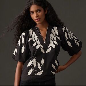Anthropologie Puff Sleeve Embroidered Blouse XXS